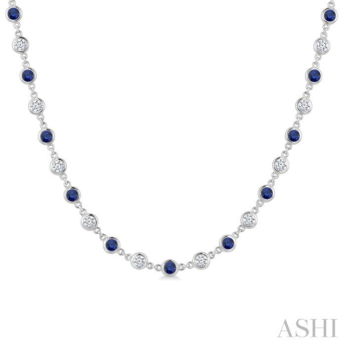 2.85 MM Round Shape Sapphire and 2 5/8 Ctw Bezel Set Round Cut Diamond Precious Station Necklace in 14K White Gold