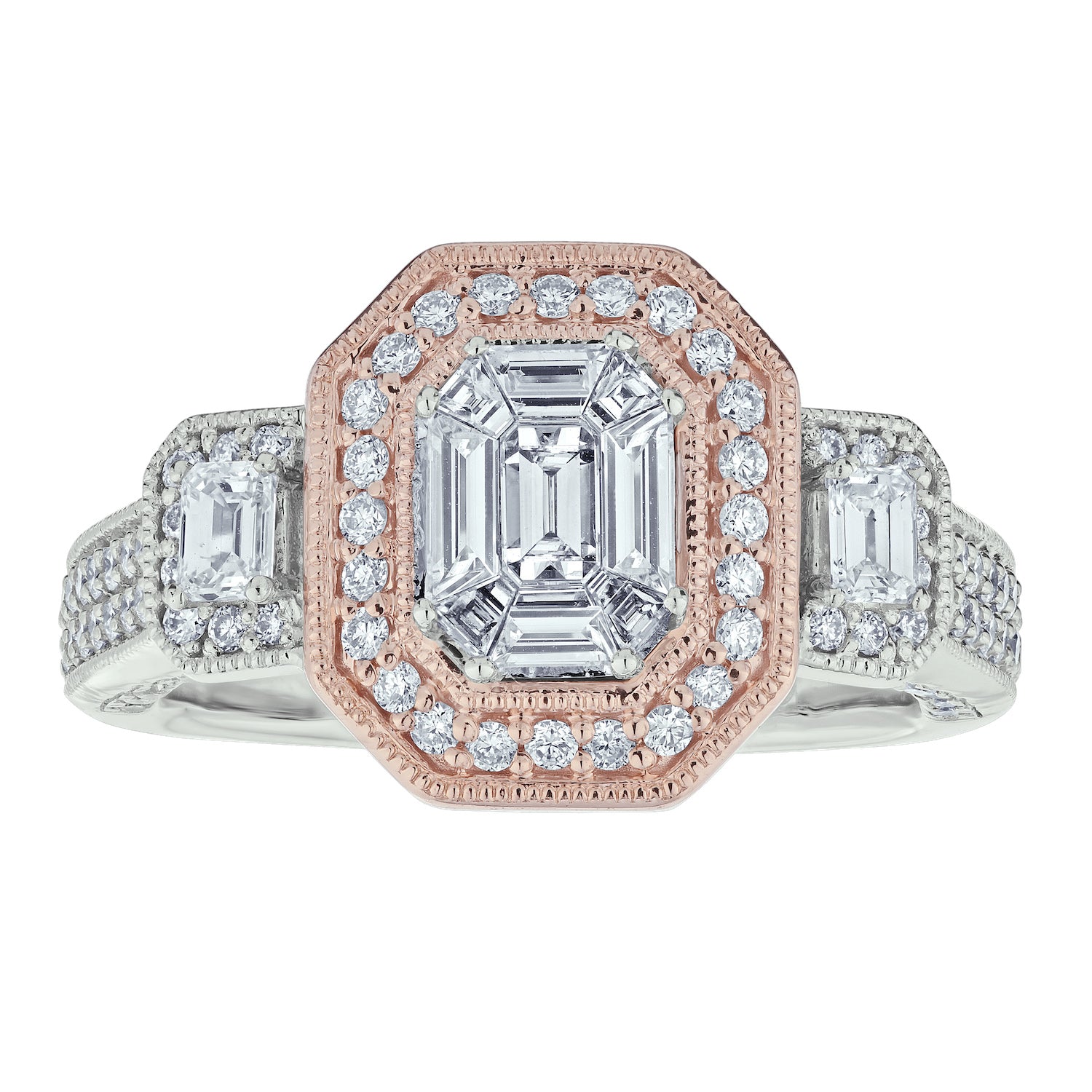 Diamond Emerald Halo Two Tone Milgrain Engagement Rng
