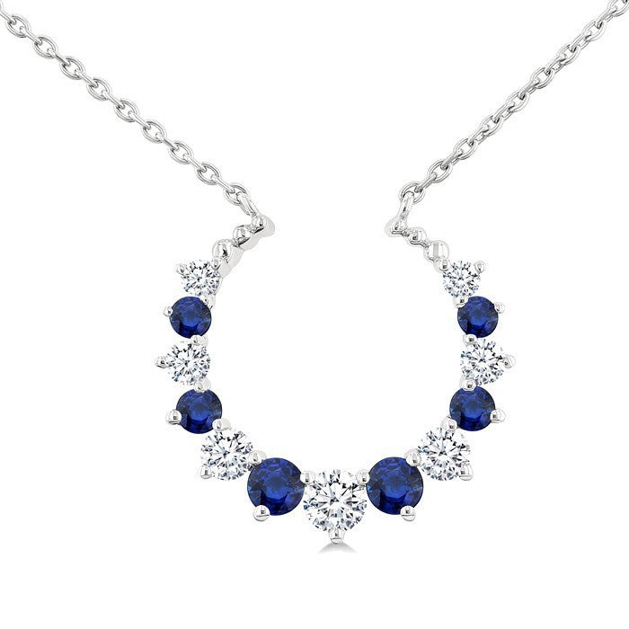 1.75 MM, 2.10 MM & 2.5 MM Round Cut Sapphire and 1/4 Ctw Round Cut Diamond Precious Alternating Pendant With Chain in 14K White Gold