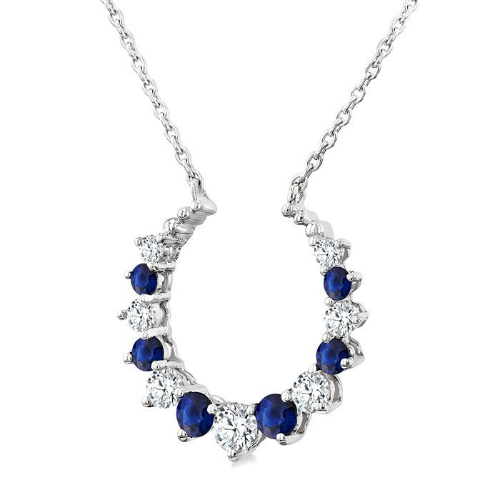 1.75 MM, 2.10 MM & 2.5 MM Round Cut Sapphire and 1/4 Ctw Round Cut Diamond Precious Alternating Pendant With Chain in 14K White Gold