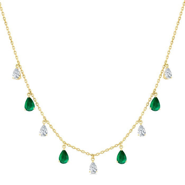 6X4 MM Pear Shape Emerald and 1 Ctw Pear Cut Diamond Precious Station Necklace in 14K Yellow Gold