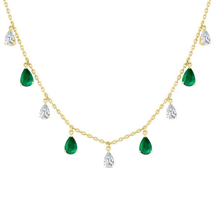 6X4 MM Pear Shape Emerald and 1 Ctw Pear Cut Diamond Precious Station Necklace in 14K Yellow Gold
