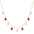 6X4 MM Pear Shape Ruby and 1 Ctw Pear Cut Diamond Precious Station Necklace in 14K Yellow Gold