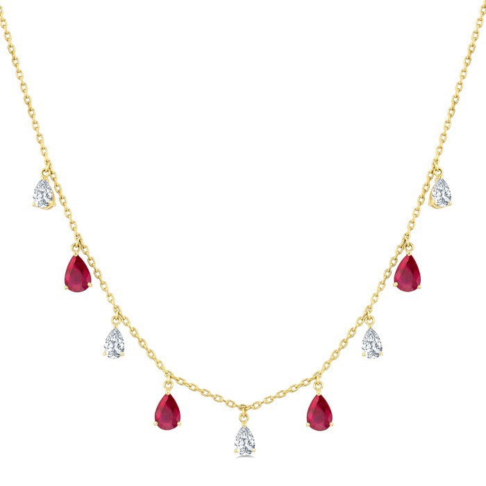 6X4 MM Pear Shape Ruby and 1 Ctw Pear Cut Diamond Precious Station Necklace in 14K Yellow Gold