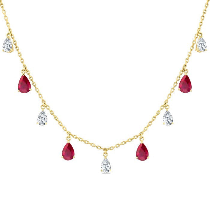 6X4 MM Pear Shape Ruby and 1 Ctw Pear Cut Diamond Precious Station Necklace in 14K Yellow Gold