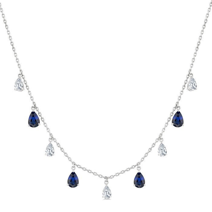 6X4 MM Pear Shape Sapphire and 1 Ctw Pear Cut Diamond Precious Station Necklace in 14K White Gold