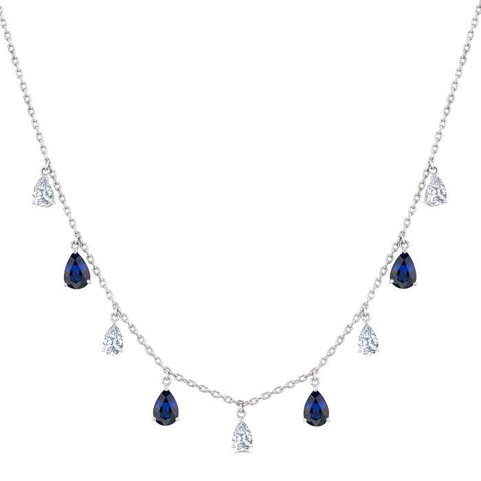 6X4 MM Pear Shape Sapphire and 1 Ctw Pear Cut Diamond Precious Station Necklace in 14K White Gold