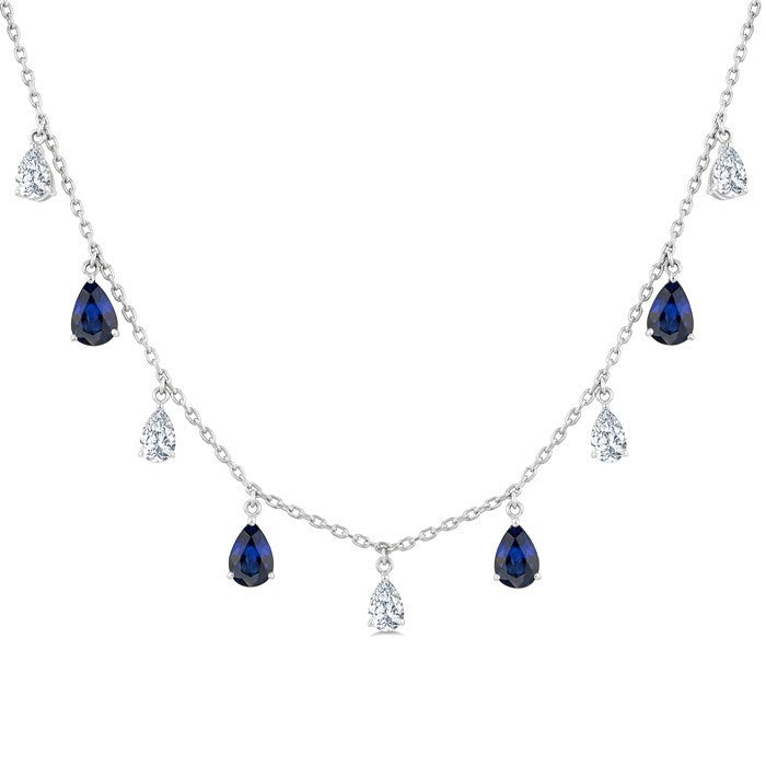 6X4 MM Pear Shape Sapphire and 1 Ctw Pear Cut Diamond Precious Station Necklace in 14K White Gold