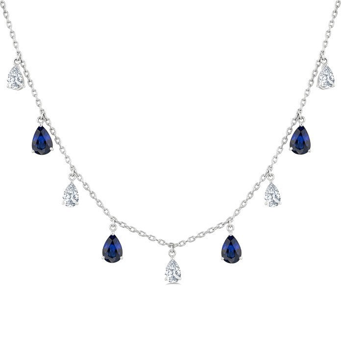 6X4 MM Pear Shape Sapphire and 1 Ctw Pear Cut Diamond Precious Station Necklace in 14K White Gold