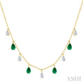 6X4 MM Pear Shape Emerald and 1 Ctw Pear Cut Diamond Precious Station Necklace in 14K Yellow Gold