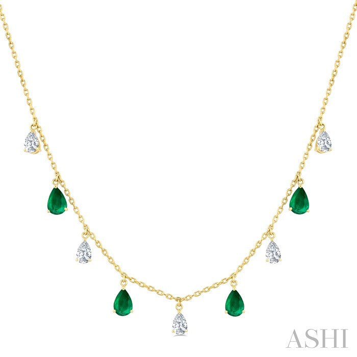 6X4 MM Pear Shape Emerald and 1 Ctw Pear Cut Diamond Precious Station Necklace in 14K Yellow Gold