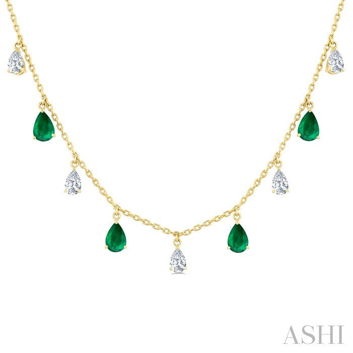 6X4 MM Pear Shape Emerald and 1 Ctw Pear Cut Diamond Precious Station Necklace in 14K Yellow Gold