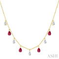 6X4 MM Pear Shape Ruby and 1 Ctw Pear Cut Diamond Precious Station Necklace in 14K Yellow Gold