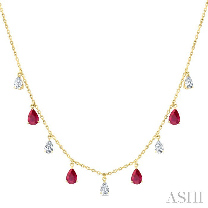 6X4 MM Pear Shape Ruby and 1 Ctw Pear Cut Diamond Precious Station Necklace in 14K Yellow Gold
