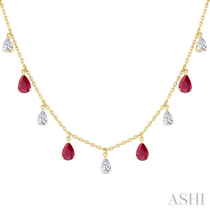 6X4 MM Pear Shape Ruby and 1 Ctw Pear Cut Diamond Precious Station Necklace in 14K Yellow Gold