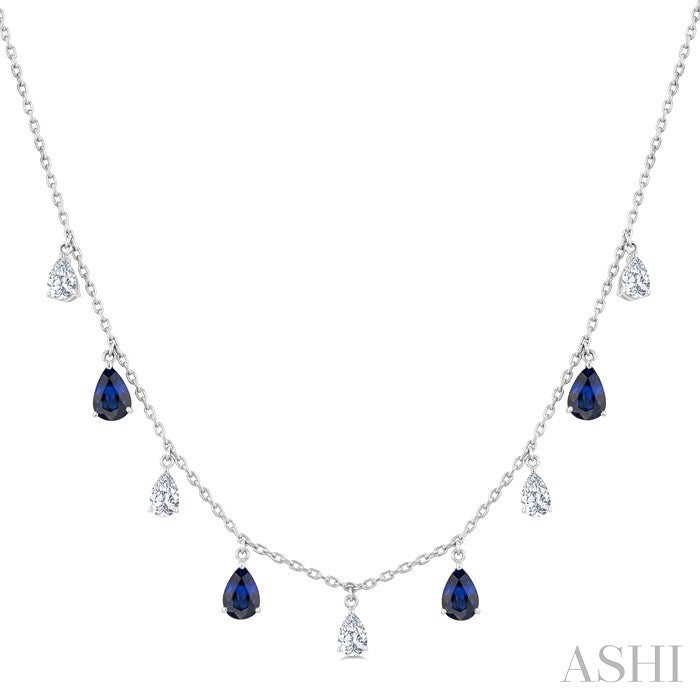 6X4 MM Pear Shape Sapphire and 1 Ctw Pear Cut Diamond Precious Station Necklace in 14K White Gold