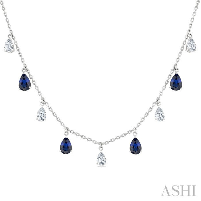 6X4 MM Pear Shape Sapphire and 1 Ctw Pear Cut Diamond Precious Station Necklace in 14K White Gold