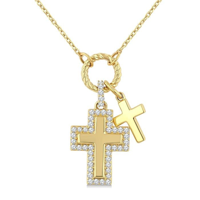 1/5 Ctw Overlay Cross Charm Round Cut Diamond Fashion Pendant With Chain in 10K Yellow Gold