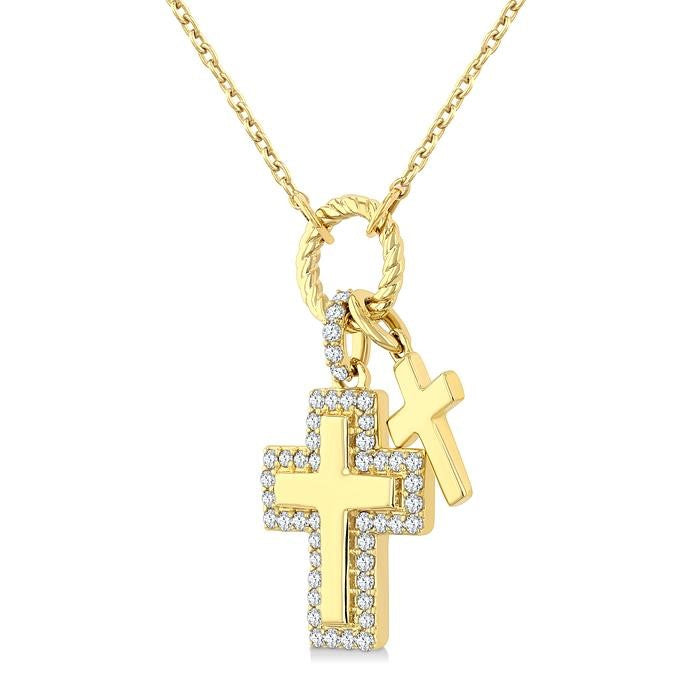 1/5 Ctw Overlay Cross Charm Round Cut Diamond Fashion Pendant With Chain in 10K Yellow Gold