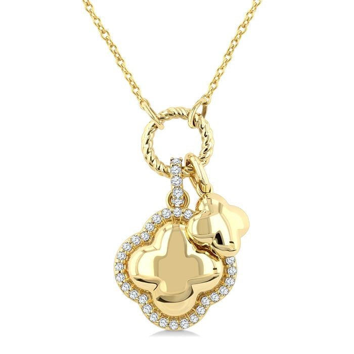 1/6 Ctw Overlay Clover Charm Round Cut Diamond Fashion Pendant With Chain in 10K Yellow Gold