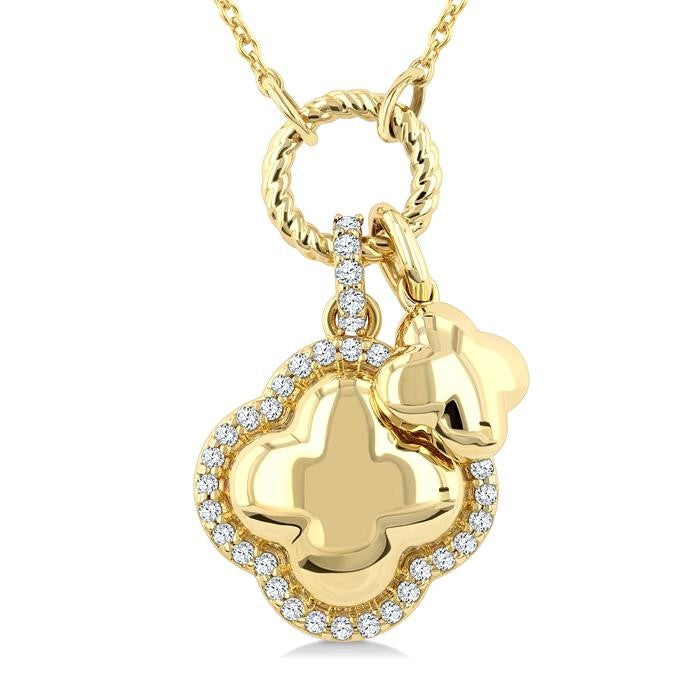 1/6 Ctw Overlay Clover Charm Round Cut Diamond Fashion Pendant With Chain in 10K Yellow Gold