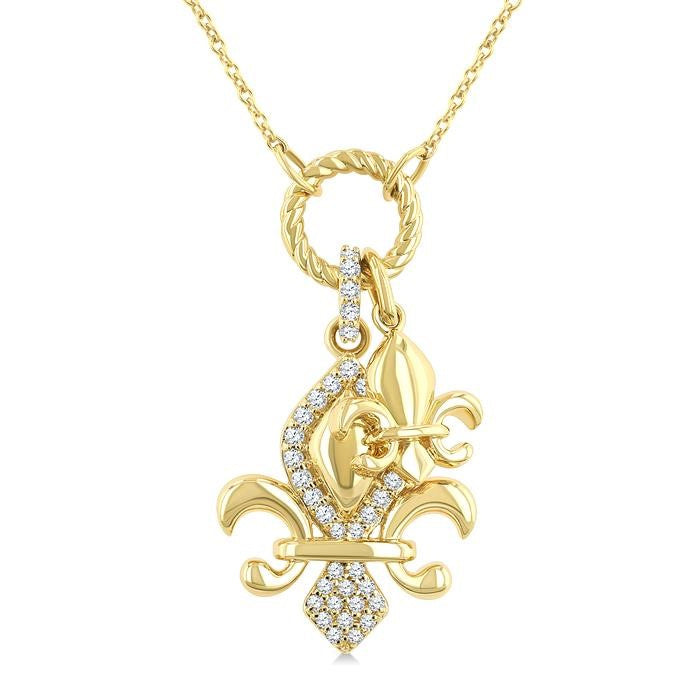 1/6 Ctw Fleur De Lis Charm Round Cut Diamond Pendant With Chain in 10K Yellow Gold