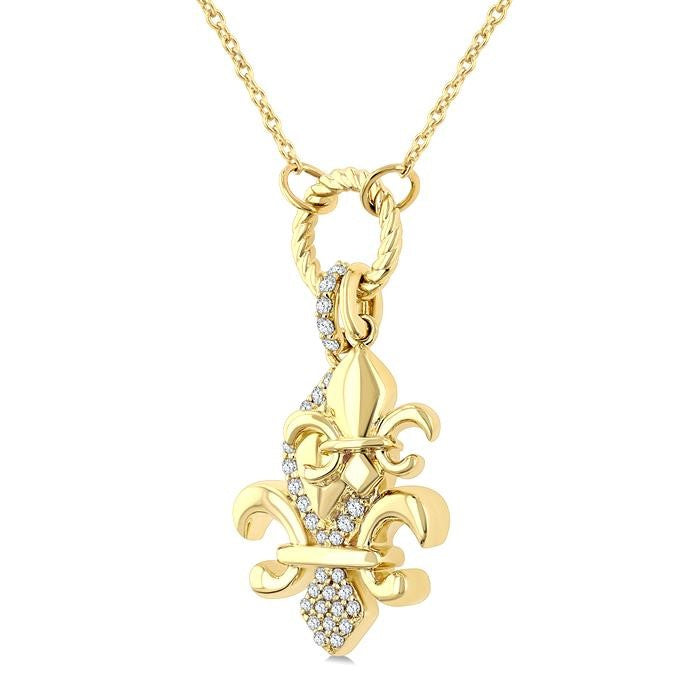 1/6 Ctw Fleur De Lis Charm Round Cut Diamond Pendant With Chain in 10K Yellow Gold