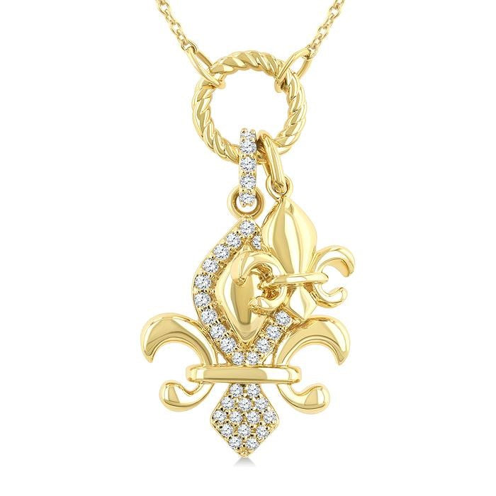 1/6 Ctw Fleur De Lis Charm Round Cut Diamond Pendant With Chain in 10K Yellow Gold