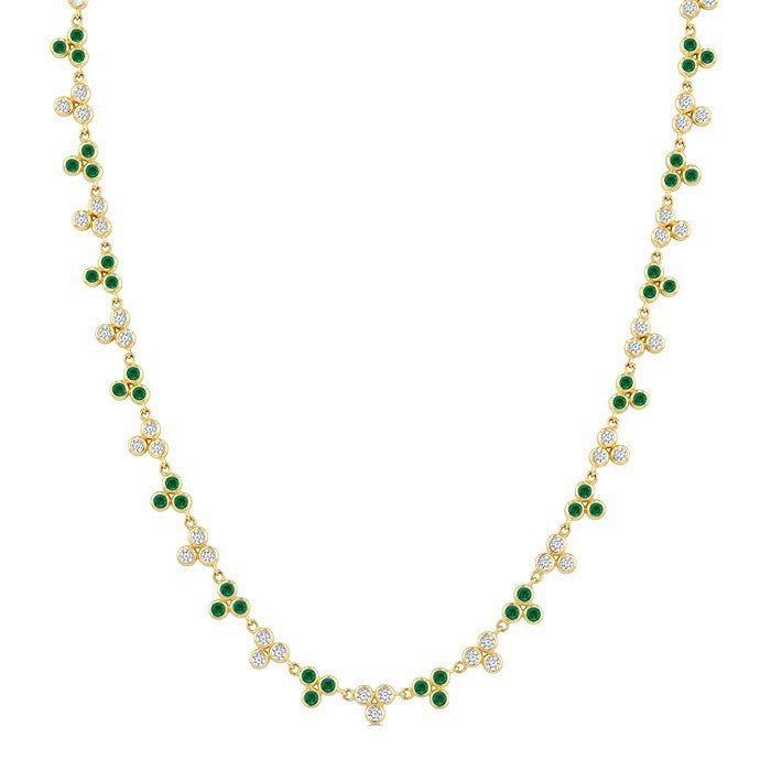 1.75 MM Round Shape Emerald and 1 3/4 Ctw Bezel Set Round Cut Diamond 3-Stone Precious Station Necklace in 14K Yellow Gold
