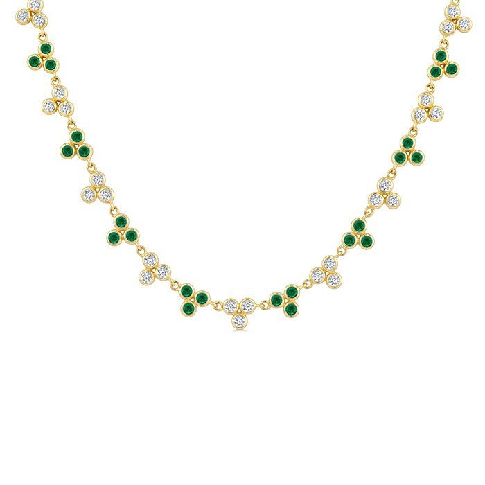 1.75 MM Round Shape Emerald and 1 3/4 Ctw Bezel Set Round Cut Diamond 3-Stone Precious Station Necklace in 14K Yellow Gold