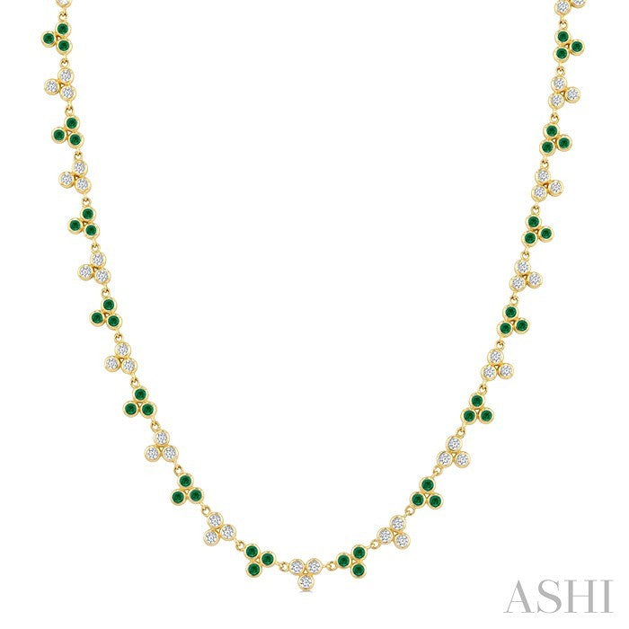 1.75 MM Round Shape Emerald and 1 3/4 Ctw Bezel Set Round Cut Diamond 3-Stone Precious Station Necklace in 14K Yellow Gold