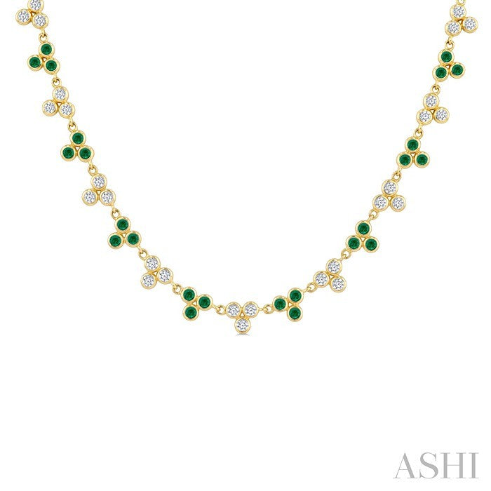 1.75 MM Round Shape Emerald and 1 3/4 Ctw Bezel Set Round Cut Diamond 3-Stone Precious Station Necklace in 14K Yellow Gold