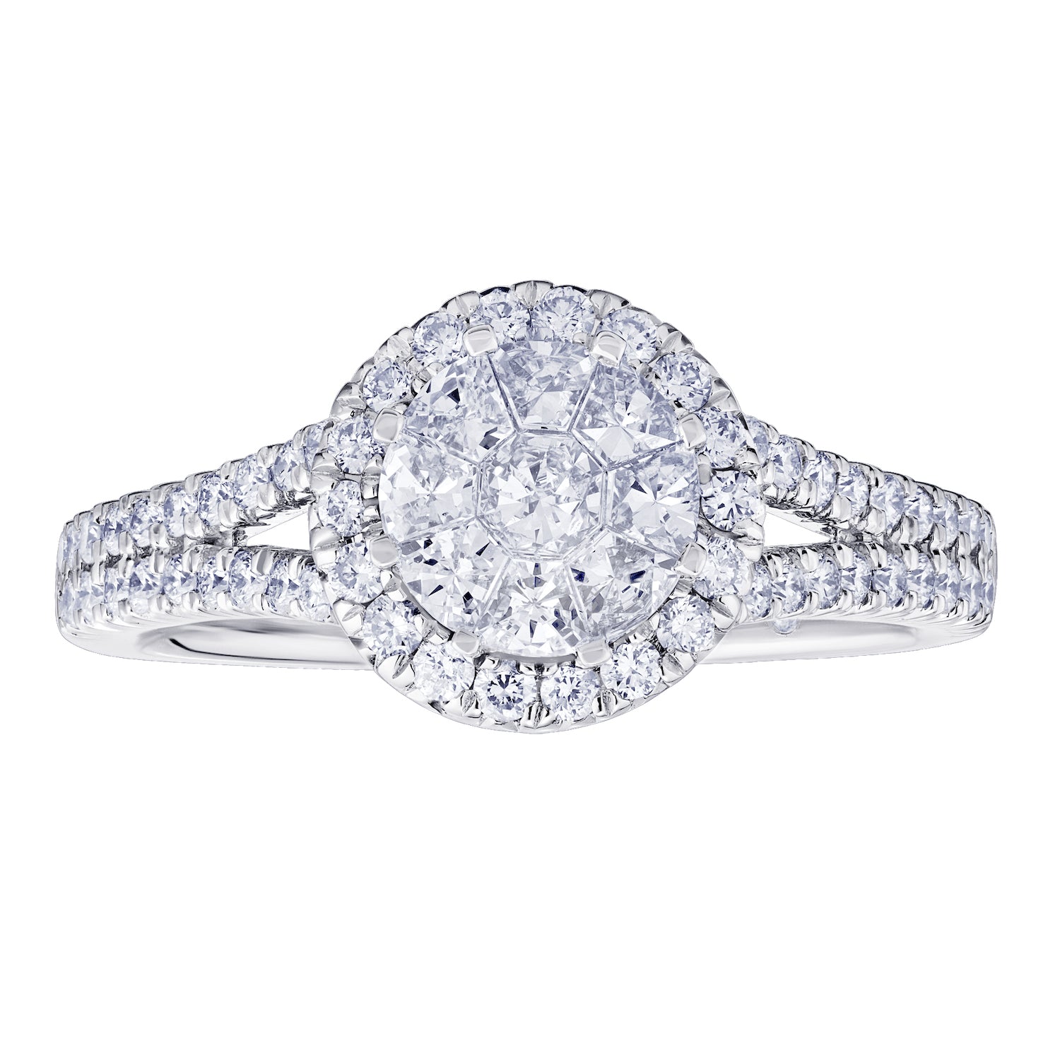 Diamond Round Shaped Composite Cluster Split Shank Engagement Ring
