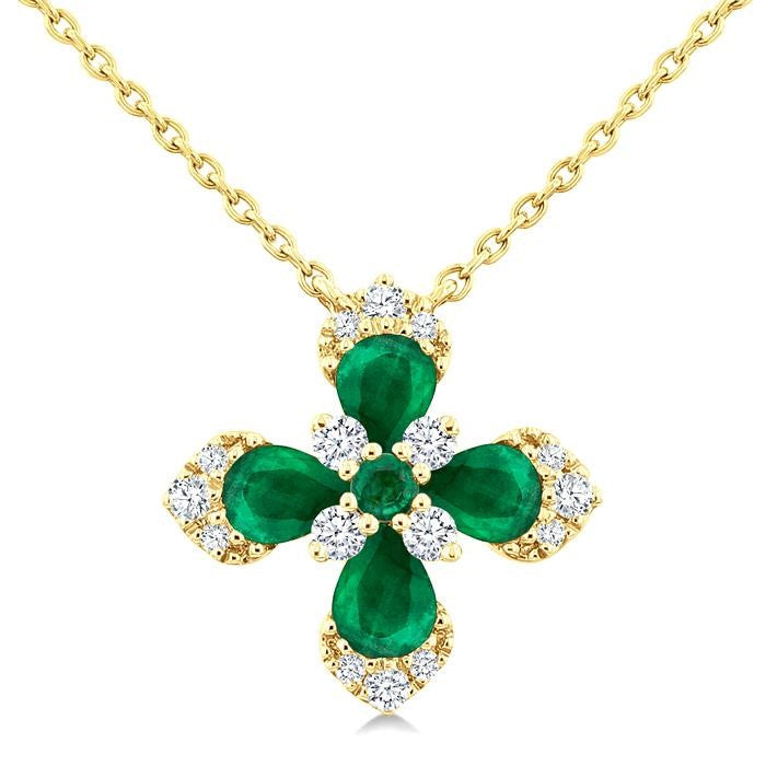 4x3 MM Pear and 2 MM Round Emerald and 1/6 Ctw Round Cut Diamond Floral Blossom Precious Pendant With Chain in 14K Yellow Gold