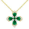 4x3 MM Pear and 2 MM Round Emerald and 1/6 Ctw Round Cut Diamond Floral Blossom Precious Pendant With Chain in 14K Yellow Gold