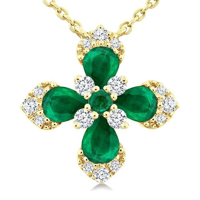 4x3 MM Pear and 2 MM Round Emerald and 1/6 Ctw Round Cut Diamond Floral Blossom Precious Pendant With Chain in 14K Yellow Gold