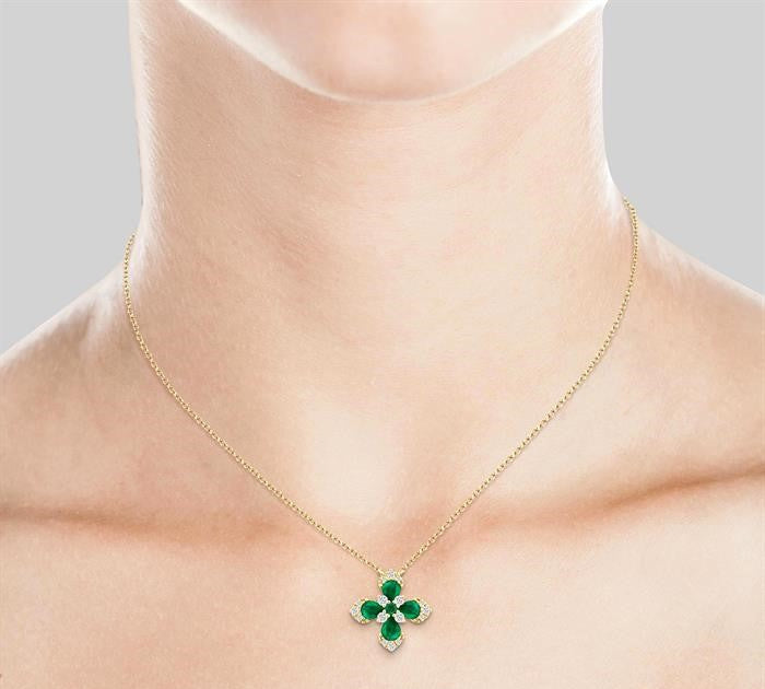 4x3 MM Pear and 2 MM Round Emerald and 1/6 Ctw Round Cut Diamond Floral Blossom Precious Pendant With Chain in 14K Yellow Gold