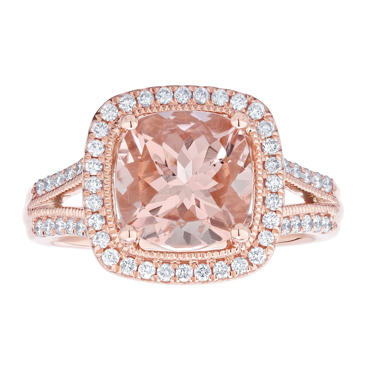 Diamond and Cushion Morganite Split Shank Ring
