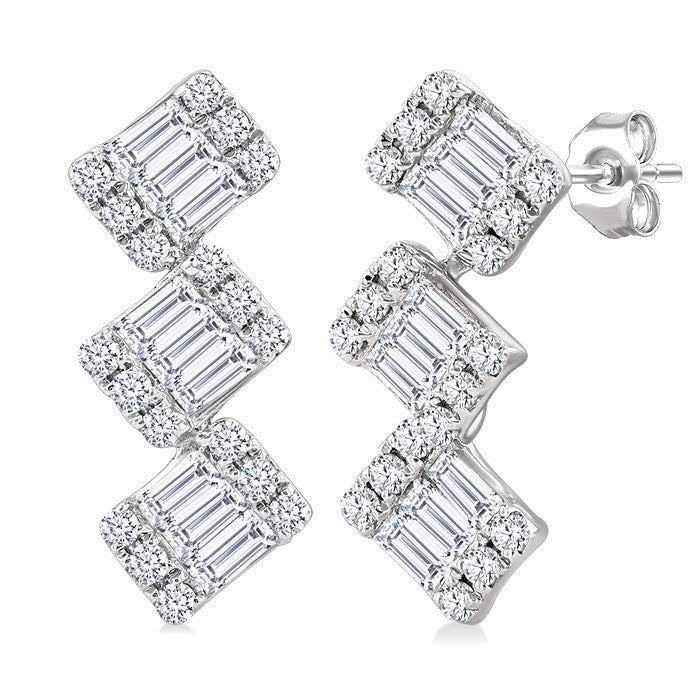 1/3 Ctw Zig-Zag Fusion Baguette and Round Cut Diamond Fashion Earrings in 10K White Gold