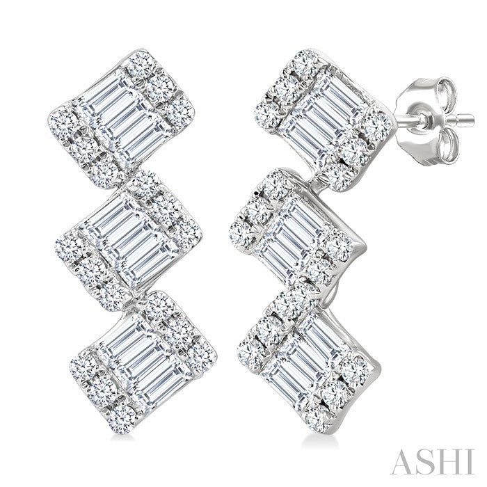 1/3 Ctw Zig-Zag Fusion Baguette and Round Cut Diamond Fashion Earrings in 10K White Gold