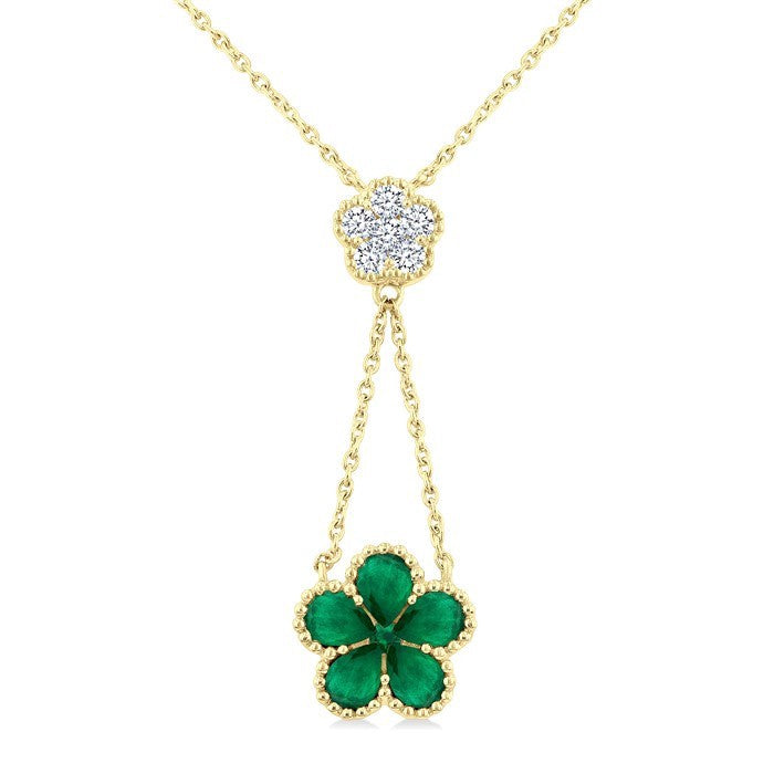 4x3 MM Pear Cut & 1.8 MM Round Emerald and 1/5 Ctw Round Cut Diamond Floral Blossom Precious Necklace in 14K Yellow Gold