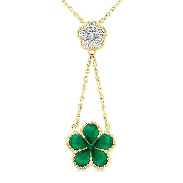 4x3 MM Pear Cut & 1.8 MM Round Emerald and 1/5 Ctw Round Cut Diamond Floral Blossom Precious Necklace in 14K Yellow Gold