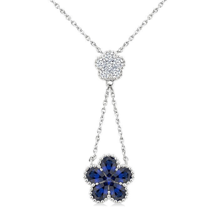 4x3 MM Pear Cut & 1.8 MM Round Sapphire and 1/5 Ctw Round Cut Diamond Floral Blossom Precious Necklace in 14K White Gold