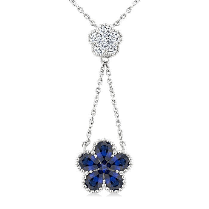 4x3 MM Pear Cut & 1.8 MM Round Sapphire and 1/5 Ctw Round Cut Diamond Floral Blossom Precious Necklace in 14K White Gold