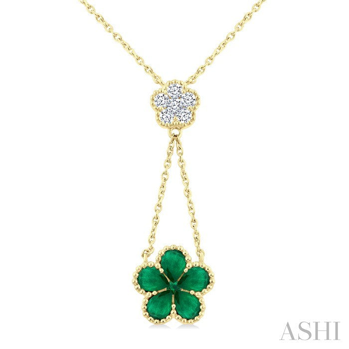 4x3 MM Pear Cut & 1.8 MM Round Emerald and 1/5 Ctw Round Cut Diamond Floral Blossom Precious Necklace in 14K Yellow Gold