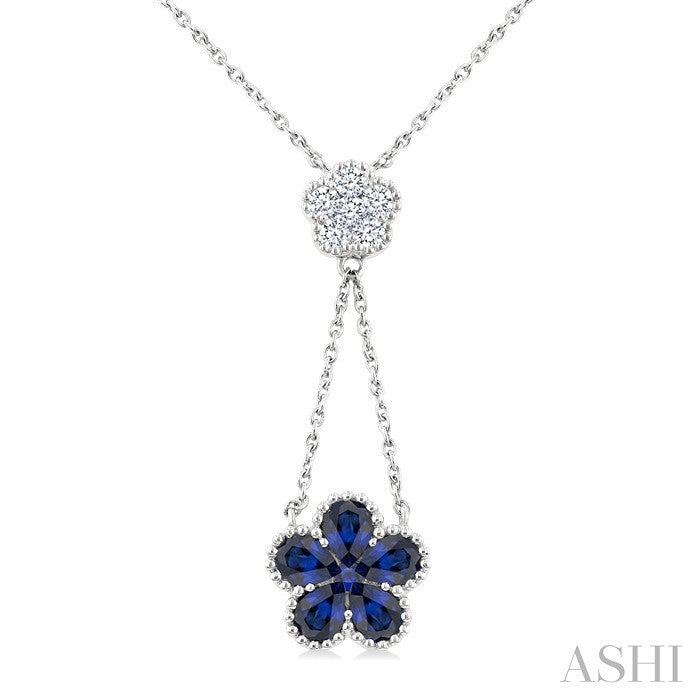 4x3 MM Pear Cut & 1.8 MM Round Sapphire and 1/5 Ctw Round Cut Diamond Floral Blossom Precious Necklace in 14K White Gold