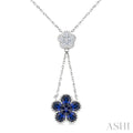 4x3 MM Pear Cut & 1.8 MM Round Sapphire and 1/5 Ctw Round Cut Diamond Floral Blossom Precious Necklace in 14K White Gold