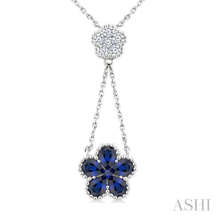 4x3 MM Pear Cut & 1.8 MM Round Sapphire and 1/5 Ctw Round Cut Diamond Floral Blossom Precious Necklace in 14K White Gold