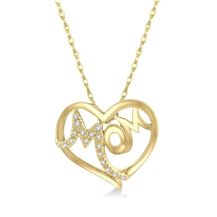 1/20 Ctw MOM Round Cut Diamond Heart Pendant With Chain in 10K Yellow Gold