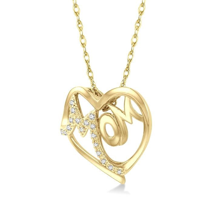 1/20 Ctw MOM Round Cut Diamond Heart Pendant With Chain in 10K Yellow Gold
